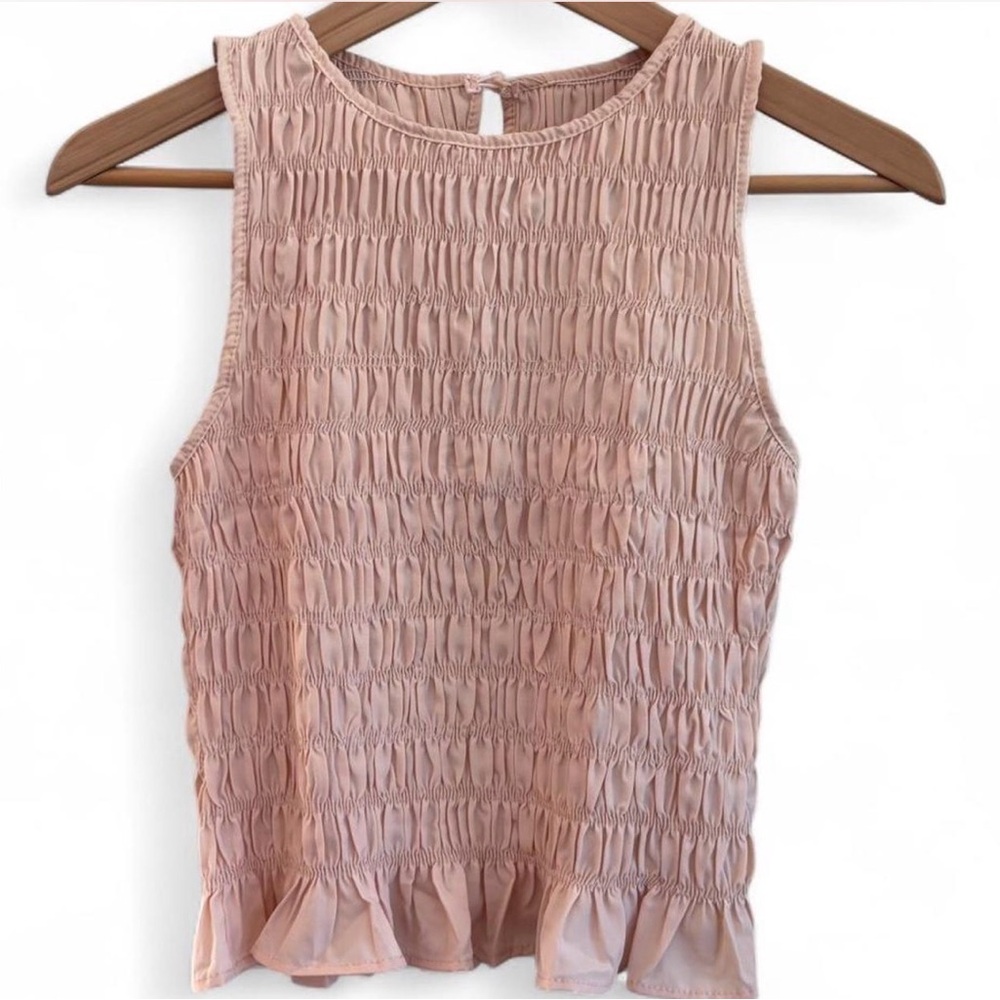 Smocked Sleeveless Ruched Tank Top — Blush Pink S